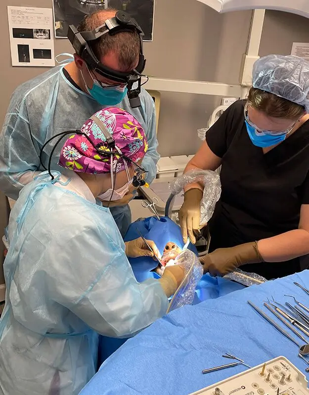 Doctors in surgical loupes training on a live full-arch case at the Atlantic Implant Institute